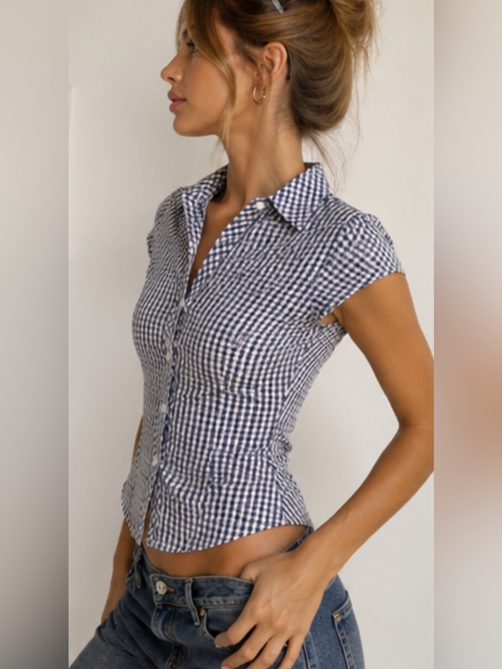 VTG Faconnable Size Small Blue & White Seersucker Plaid Button Up Collared Top - Picture 2 of 11